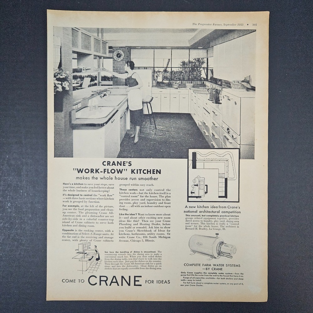 1953 Crane Farm Water Systems Vintage Print Ad La Grange IL Work-Flow Kitchen